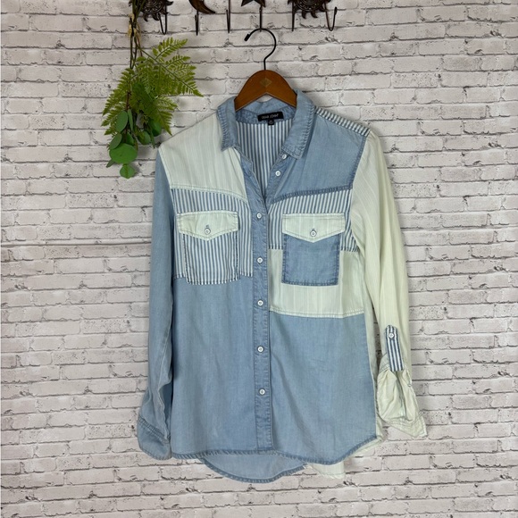 Dear John Tencel Patchwork Slouchy Button Down Shirt - Picture 1 of 5
